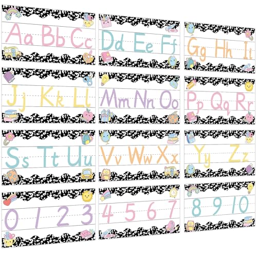 gisgfim 12 Pieces Alphabet Bulletin Board Strips Set Composition Alphabet Line ABC Alphabets Banner & Number Border Posters for Preschool Kindergarten Classroom Bedroom Playroom(Composition Notebook) - style: Composition Notebook