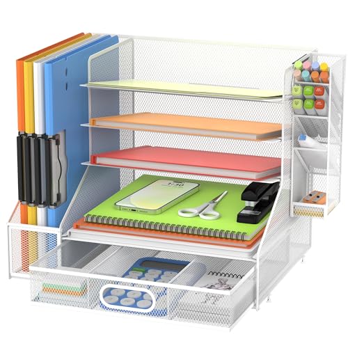 DALTACK Mesh Desk Organizer, 5-Tier Paper Letter Tray with File Holder & Pen Holder & Sliding Drawer, Desktop Organizer and Storage for Desk Accessories Office Supplies, White - color: White