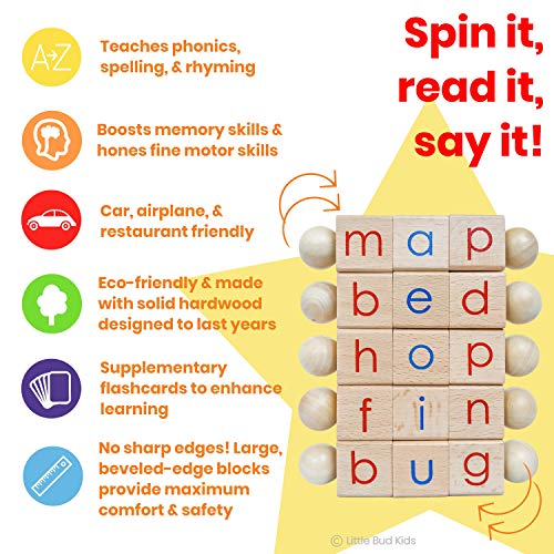 LITTLE BUD KIDS Spin-and-Read Montessori Phonetic Reading Blocks with CVC Phonics Flashcards for Beginner Readers, Montessori Reading Wooden Toys for 3 Years +