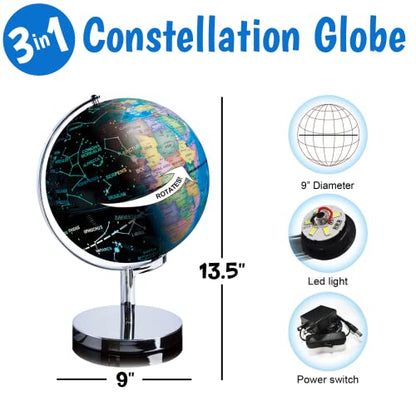 USA Toyz Illuminated World Globe with Stand - 3in1 STEM Globes for Adults and Kids, Constellation Map, Built-In LED Night Light Lamp, Easy to Read Texts, Non-Tip Base, 13.5 Inch Tall, 9 Inch Diameter - size: 9" Diameter