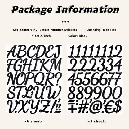 290 Pieces 2 Inch Self Adhesive Black Letter Number Stickers | Vinyl Alphabet Waterproof Letters Numbers for Mailbox, Bulletin Board, Poster, Classroom, Scrapbook and Outdoor (8 Sheets) - color: Black