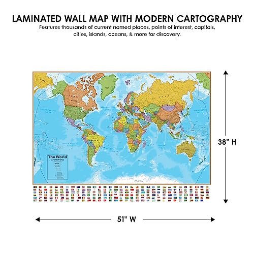 Waypoint Geographic Blue Ocean Series World Wall Map, Laminated World Map Poster, Educational Wall Art For Home, Classroom, or Office, Unique Gifts, 51” x 38”