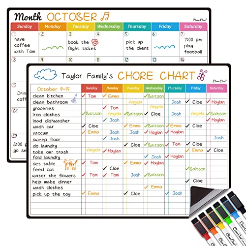 Magnetic Dry Erase Chore Chart, Monthly Calendar Set - 14.5"x11" Monthly Calendar, Chore Board for Fridge - 6 Extra Fine Point Markers Included - Shipped Flat - style: Month+Chore