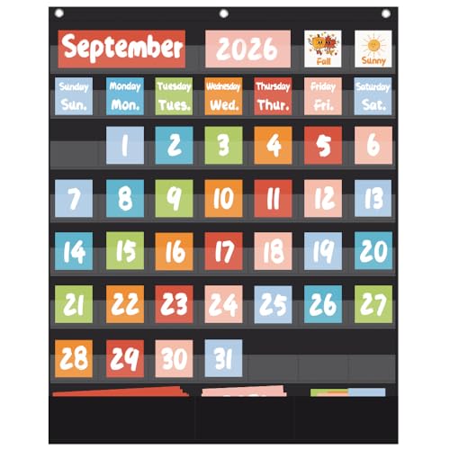 Classroom Calendar Pocket Chart with 70pcs Cards, Kids Calendar Pocket Chart for Classroom Decor, Circle Time Learning Center, School Homeschool Supplies (Black A)