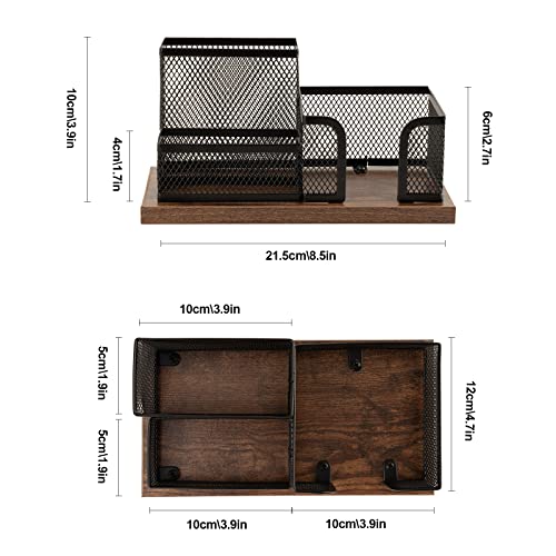 Antique Wood & Mesh Pen Holder Office Supplies Caddy, Storage Baskets for Desktop Accessorieswith Sticky Notes Holder,3 Compartments(2 Pack Black)