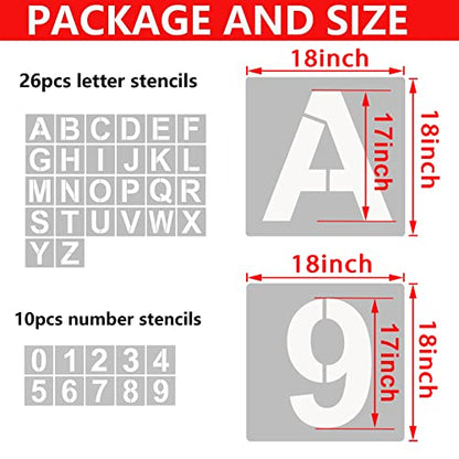 YEAJON 18 Inch Letter Stencils and Numbers, 36 Pcs Alphabet Art Craft Stencils, Reusable Plastic Templates for Wood, Wall, Fabric, Rock, Signage, DIY Art Projects (18 Inch) - size: 18 Inch