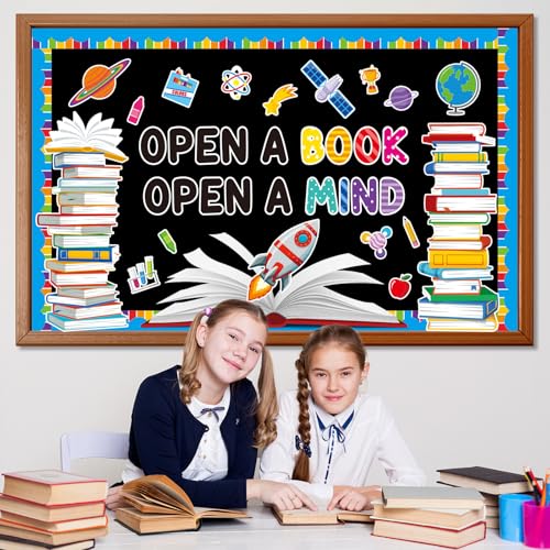 Reading Bulletin Board Set Open A Book Open A Mind Classroom Bulletin Board Decorations Books Paper Cutouts for Back to School Reading Day Classroom Library Office Home Wall Door Supplies - style: Reading