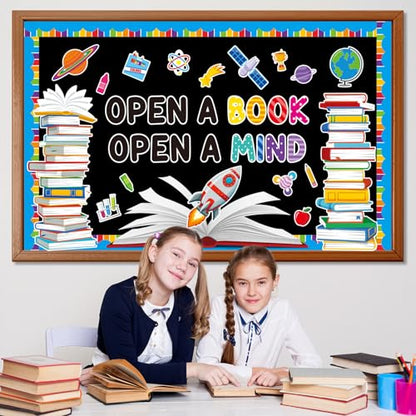 Reading Bulletin Board Set Open A Book Open A Mind Classroom Bulletin Board Decorations Books Paper Cutouts for Back to School Reading Day Classroom Library Office Home Wall Door Supplies - style: Reading