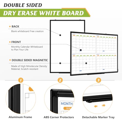36" x 24" Magnetic Dry Erase Calendar Whiteboard, 4 Month Calendar White Board Planner, Black Aluminum Frame Wall Mounted Board for Office Home and School - color: Black Frame, size: 36"W x 24"H - 4 Month Calendar