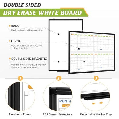 36" x 24" Magnetic Dry Erase Calendar Whiteboard, 4 Month Calendar White Board Planner, Black Aluminum Frame Wall Mounted Board for Office Home and School - color: Black Frame, size: 36"W x 24"H - 4 Month Calendar
