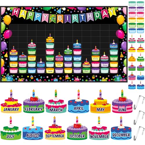 Pasimy Happy Birthday Pocket Chart Classroom Reusable Birthday Calendar Wall Hanging Chart with 144 Dry Erase Cards and 3 Hooks for School Classroom Bulletin Board Decor
