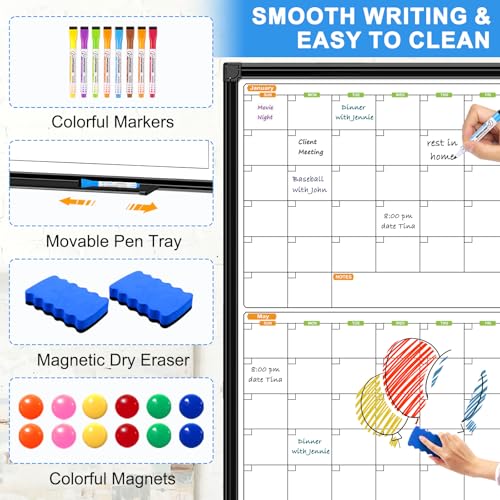 12 Month Calendar Whiteboard for Wall, 72" x 40" Large Wall Calendar Dry Erase with Tray, Magnetic Dry Erase Calendar for Wall Mounted Bulletin Board for Home Classroom Office Organization - size: 72" x 40" - 12 Month