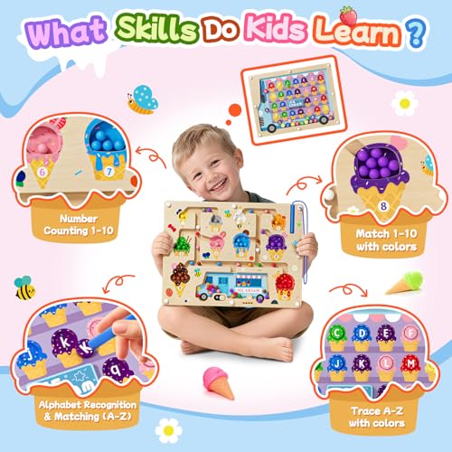 2 in 1 Magnetic Maze Board for Kids Montessori Toys Double-Sided Counting Magnetic Alphabet Letters ABC Magnets Puzzles 3-5 Age Boys and Girls Birthday Gifts