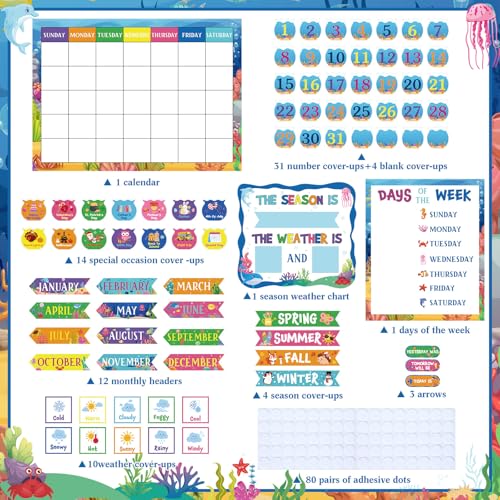 Tenare 169 Pcs Ocean Animals Classroom Calendar Bulletin Board Set, Calendar Seasons Weather Chart Bulletin Board and Classroom Display with Stickers for Bedroom Wall Decoration - style: Ocean Animals