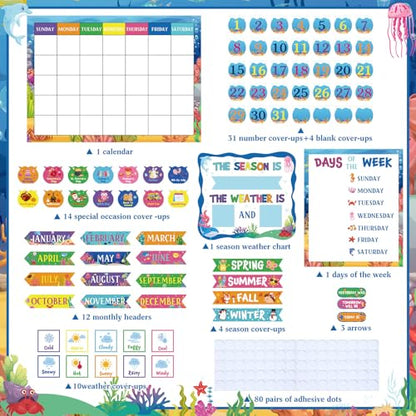 Tenare 169 Pcs Ocean Animals Classroom Calendar Bulletin Board Set, Calendar Seasons Weather Chart Bulletin Board and Classroom Display with Stickers for Bedroom Wall Decoration - style: Ocean Animals