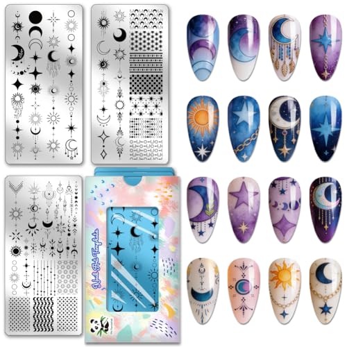 PH PandaHall 3pcs Sun Moon Star Nail Stamping Plates Star Chain Nails Art Stencils Galaxy Night Sky Nail Art Templates Bohemian Nails Image Plate for Women DIY Manicures Salon Design Printing - style: Sun Moon