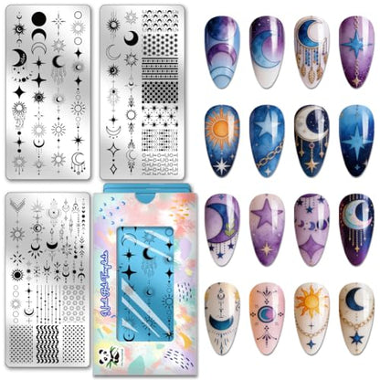 PH PandaHall 3pcs Sun Moon Star Nail Stamping Plates Star Chain Nails Art Stencils Galaxy Night Sky Nail Art Templates Bohemian Nails Image Plate for Women DIY Manicures Salon Design Printing - style: Sun Moon