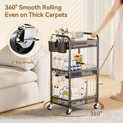 YASONIC 3 Tier Rolling Cart – Metal Utility Storage Carts with Wheels, Craft Cart Organizer with Hanging Cups, Hooks, Mesh Basket for Bedside Kitchen Office Art, Black - color: Black