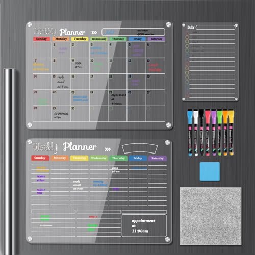 Hivillexun 3-Pack Acrylic Magnetic Dry Erase Calendar Whiteboard Set – Organize Your Refrigerator, Wall, or Fridge with Monthly, Weekly, and Daily Planners, Includes 8 Markers, Large Eraser, and Cloth - color: Acrylic Monthly/Weekly/Daily Planners + 8 Mar