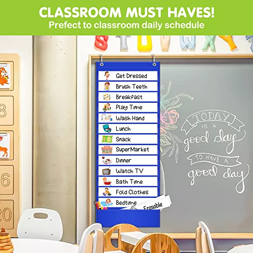 Eamay Daily Schedule Pocket Charts, Teacher Schedule Chart with Resuable 18 Custom Cards, Classroom Pocket Chart for School Office or Homeschool Activities, Blue - color: Blue