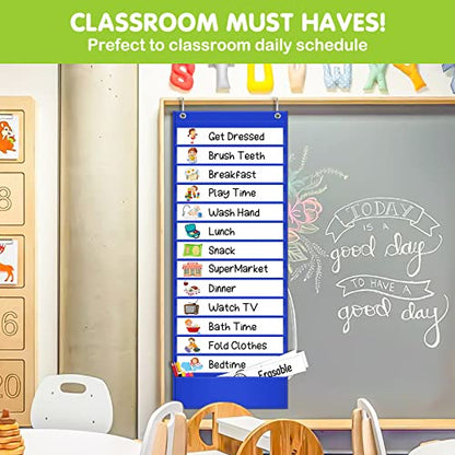 Eamay Daily Schedule Pocket Charts, Teacher Schedule Chart with Resuable 18 Custom Cards, Classroom Pocket Chart for School Office or Homeschool Activities, Blue - color: Blue