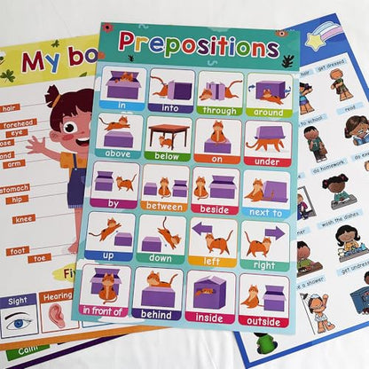 Lachilly Emotions, Prepositions, My Body, My Day Educational Posters for Toddlers, Classroom Decorations, Kindergarten Supplies Materials, Teacher Teaching Aids, 4Pcs for Distance Learning, A3 Size - style: Emotions, Prepositions, My Body, My Day