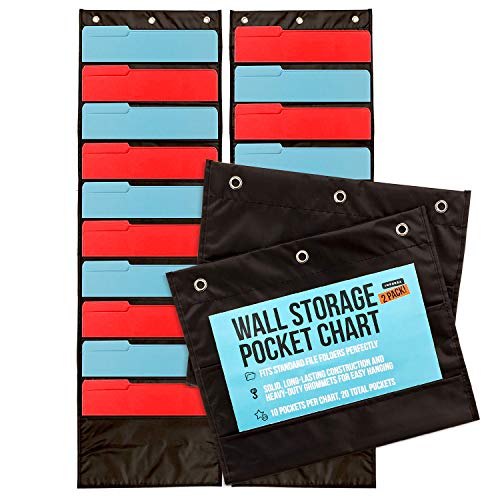 IMPRESA Deep File Pocket Chart - 47 x 14 in, Black - 2-Pack 20-Pocket Chart for Classroom Folders - Reinforced Grommets & Wall File Holder for Teachers