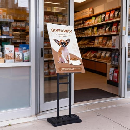 Upgraded Angled & 360° Swivel Poster Stand, Water-Fillable Weighted Base, Heavy Duty Adjustable Height Floor Sign Holder for Foam Board, Outdoor, Wedding, Business Display (Single-Sided, Black)