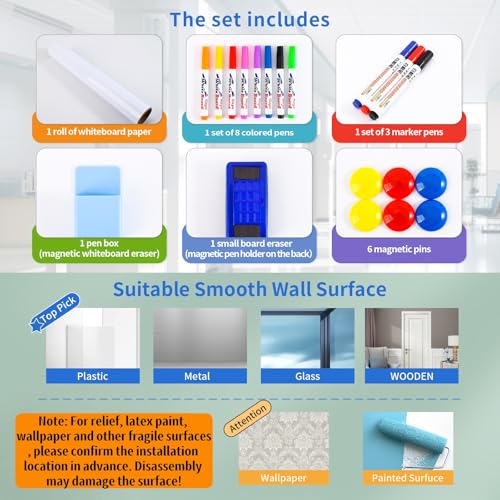 Extra Long Magnetic Dry Erase Whiteboard 50"x18" - Self-Adhesive Flexible Wall Board for Door, Closet, Hallway w/ 11 Markers, 6 Magnets, Eraser & Holder, Ultra Smooth, No Ghosting, Easy Erase - size: 50"x18"