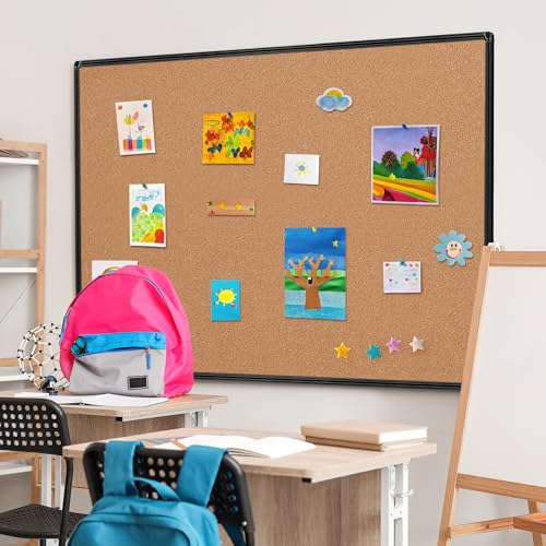 Extra Large Cork Bulletin Board 60" X 36", Black Aluminum Framed 5'x3' Corkboard for Wall, Wall Mounted Notice Pin Board with 18 Push Pins for School, Home & Office - size: 60" x 36"