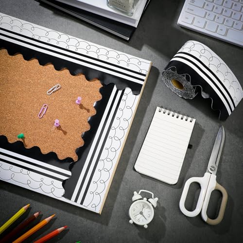 Kolldenn 68.9ft Black and White Bulletin Board Border Black White Squiggles and Stripes Classroom Borders Trim Rolled Die Cut for Bulletin Board Chalkboard School Teachers Wall Decor(Scalloped) - style: Scalloped