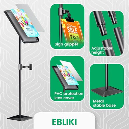 2 Pack Adjustable Sign Stand for Display, Heavy Duty Sign Holder Floor Stand with Base, Aluminum Snap Open Frame 11 x 17, with Anti-Slip Solid Steel Square Pedestal and Signage Clip(2 pack) - size: Heavy Base, 11x17inches (2 pack)
