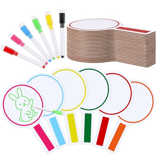 Henoyso 48 Pcs Dry Erase Answer Paddle with Markers Handheld Double Sided Paddles Colorful Flip Answer Dry Erase Paddles White Boards for Students Kids Score Boards Teacher(Round) - style: Round