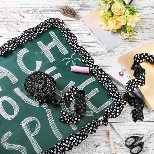 Suncalla 2 Roll 66 ft Black and White Bulletin Board Borders for Classroom Decor Ruffled Bulletin Board Burlap Scalloped Border Trims for Chalkboard Office Wall Decor(Black and White Dots) - style: Black and White Dots