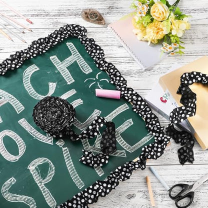 Suncalla 2 Roll 66 ft Black and White Bulletin Board Borders for Classroom Decor Ruffled Bulletin Board Burlap Scalloped Border Trims for Chalkboard Office Wall Decor(Black and White Dots) - style: Black and White Dots