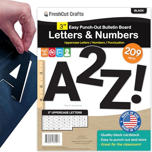 209 Pcs 3" Black Bulletin Board Letters & Numbers, Capital Letters, Numbers, Punctuation, US Made Card Stock Punch Out Letters & Numbers for Poster, Bulletin Board, Classroom - Precut - color: Black