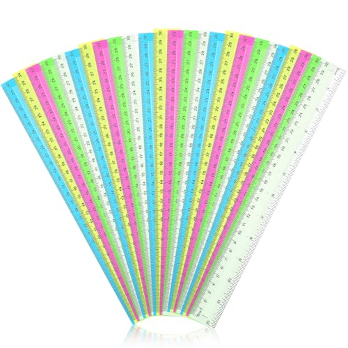 Tenare 20 Pack 12 Inch Clear Ruler Bulk for Kids Classroom School Supplies Plastic Rulers with Inches and Metric for Students Teachers Back to School(Multicolor) - color: Multicolor