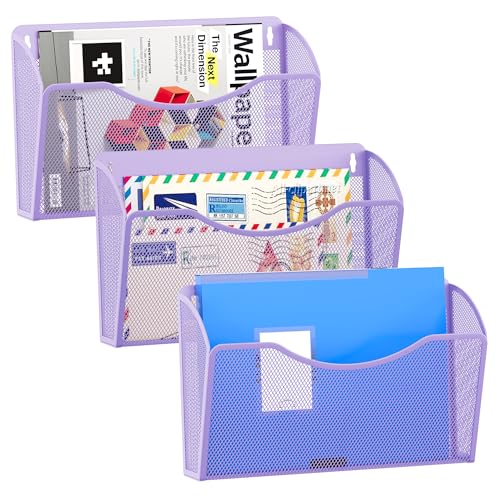 EasyPAG 3 Pack Wall File Organizer, Metal Mesh Hanging File Folder Holder for Letter/A4 Size Folders, Vertical Wall Mount Mail Sorter for Office Paperwork, Classroom, Purple - color: Purple