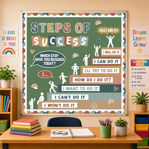 Motivational Bulletin Board Decorations Set Back to School Positive Classroom Decor Steps of Success Paper Cutouts Educational Sayings Accents for School Door Wall Chalkboard Decor Supplies (Boho) - style: Boho