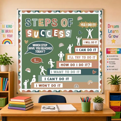 Motivational Bulletin Board Decorations Set Back to School Positive Classroom Decor Steps of Success Paper Cutouts Educational Sayings Accents for School Door Wall Chalkboard Decor Supplies (Boho) - style: Boho