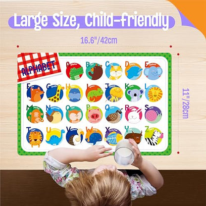 4 Pack Placemats for Kids, Non-Slip Washable Table Mats, Double-Sided Reusable Universe, Alphabet, Numbers, Map of USA & World Educational Placemats for Home, Kindergarten, Classroom, Nursery - style: Basic Cognition-Double-Sided