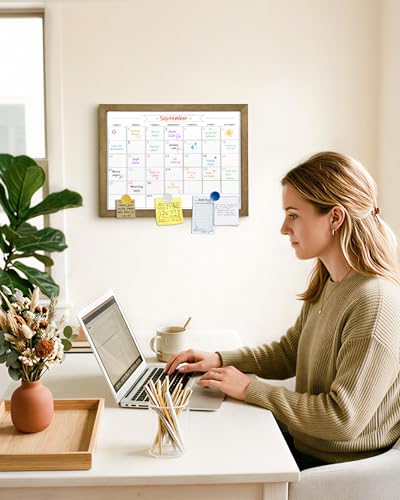 Dry Erase Monthly Calendar Whiteboard, Magnetic Surface White Board for Wall, Office/School/Home, Solid Pine Wood Rustic Brwon Frame Hanging Board & Planning Board, 13"x 17" (YL-RB-3343-B) - color: Rustic Brwon, size: 17"W x 13"H