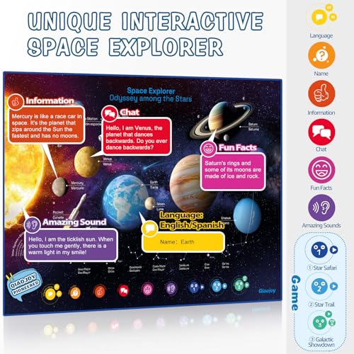 Qiaojoy Bilingual Interactive World Map for Kids Learning and Educational Toys, Talking Electronic Kids World Map i-Poster Geography Games Ages 3 to 12 Years Old, Custom Talking Birthday Gifts Card - style: World Map& Space Poster