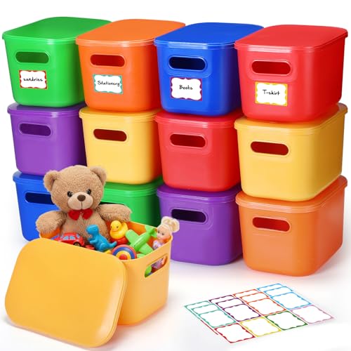 Thyle 24 Pack Colorful Plastic Storage Bins with Lids 7 Quart Vibrant Colored Toy Storage Box Stackable Nestable Organizer Box with Handle and Label for Classroom Shelf Bedroom Desktop School Supplies - color: Brightly Colored