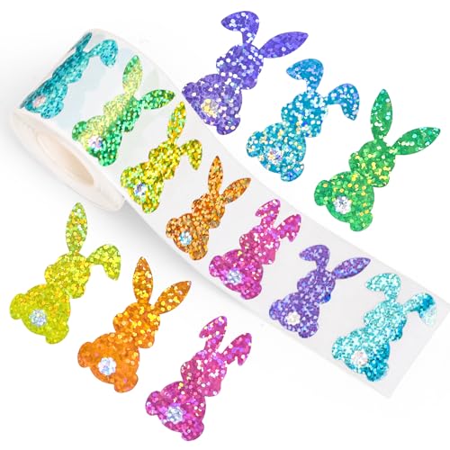 Whaline Easter Bunny Stickers Roll Spring Holographic Colorful Rabbit Shape Seal Stickers Waterproof Self-Adhesive Decals for Envelope Journal Gift Decor Holiday DIY Craft, 500 Pcs - style: Bunny