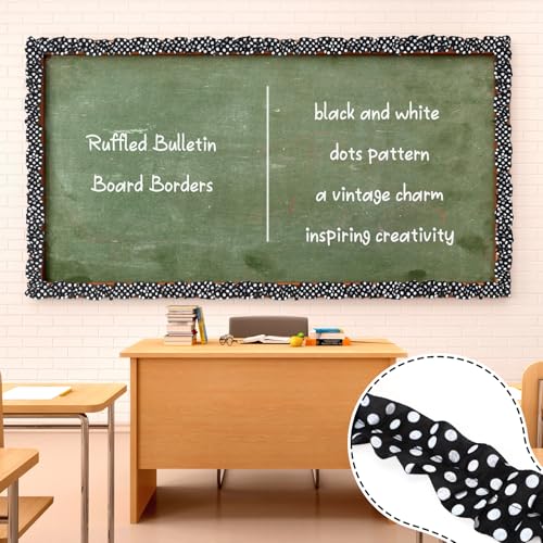 Suncalla 2 Roll 66 ft Black and White Bulletin Board Borders for Classroom Decor Ruffled Bulletin Board Burlap Scalloped Border Trims for Chalkboard Office Wall Decor(Black and White Dots) - style: Black and White Dots