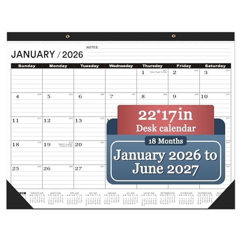 Desk Calendar 2026(January 2026 - June 2027)，2026 Desk Calendar Large 22 x17，2026 Calendar,Classic Black,Large Calendar 2026-2027 with Plastic Cover - size: 2026-2027-JAN-1PCS