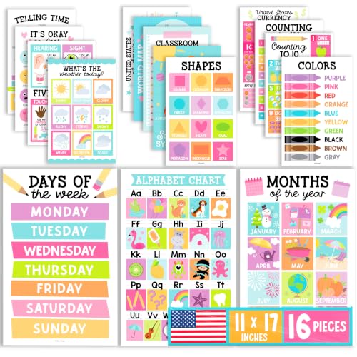 Hadley Designs 16 Educational Posters for Classroom Must Haves - Laminated Pre-K Posters for Toddler Homeschool Essentials, Toddler & Preschool Learning Activities, Kindergarten Classroom Decor - color: Colorful Pastel