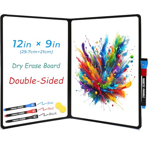 Double-Sided White Board 12x9 inch - Ultra-Thin 0.3" Portable Dry Erase Board with 3 Markers & Anti-Ghosting Surface | Magnetic-Ready | Foldable for Office, School, Travel, Homeschool (Black) - size: Double-A4 Black
