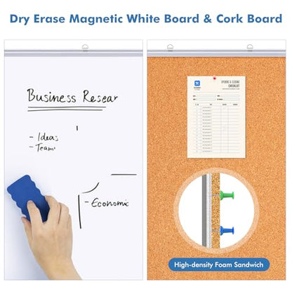 Magnetic White & Cork Board Combo 48" x 36" Aluminum Frame | Dry erase bulletin board, wall mounted or hanging. Dual-function surface for writing & pinning. Ideal for home, office, shool - size: 48 x 36 inch